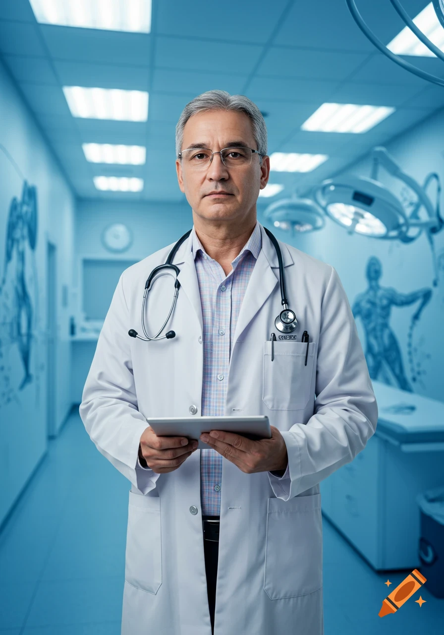 A confident male doctor wearing a white lab coat and stethoscope holds a tablet in a blurred blue hospital hallway.