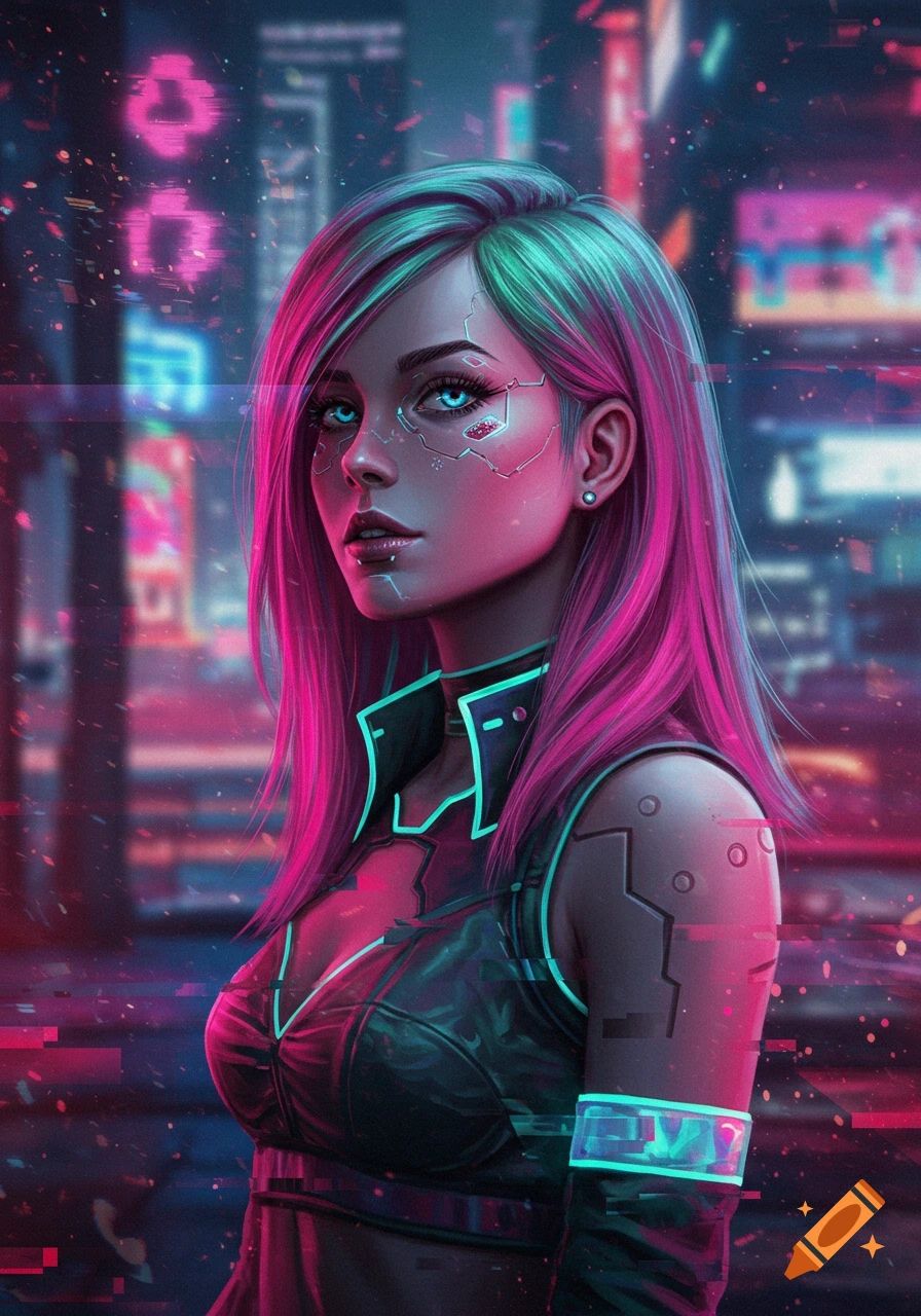 A cyberpunk woman with vibrant pink and teal hair, glowing blue eyes, and facial implants. She wears a dark futuristic outfit with neon green accents, set against a blurred neon cityscape background.