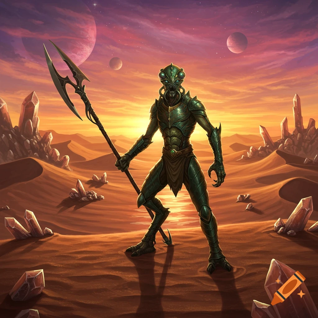 A green mantis-like alien warrior holding a spear stands in a red desert with crystals under a multi-planet sunset sky.