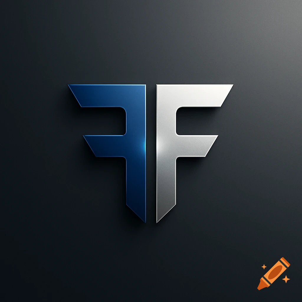 A sleek logo featuring a blue metallic letter F and a silver metallic mirrored letter F on a dark gray background.