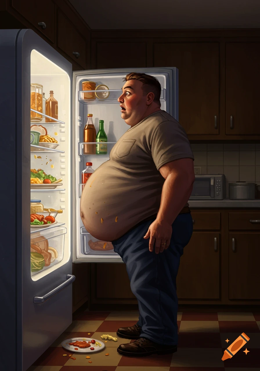 An overweight man with a shocked expression looks into an open, brightly lit refrigerator in a dark kitchen, with food spilled on the floor.