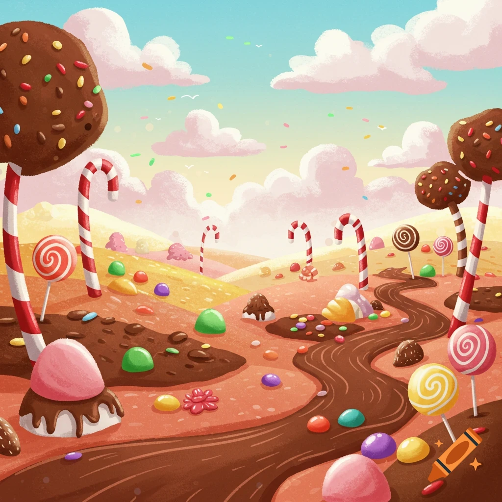 A cartoon candy land with chocolate rivers, candy cane trees, lollipops, and marshmallow clouds.