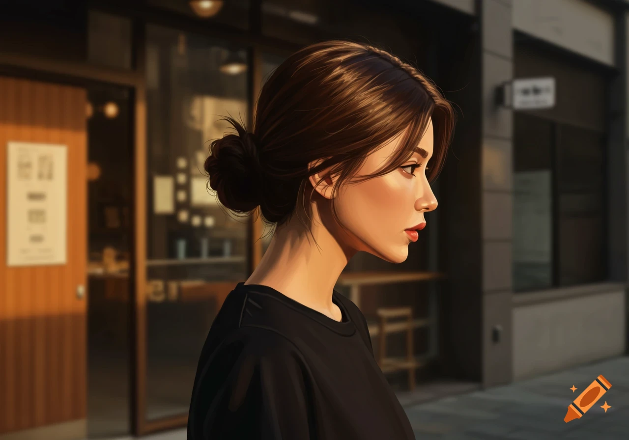 Profile of a woman with brown hair in a bun and a black shirt, looking right in an urban setting with blurred storefronts, digital art style.