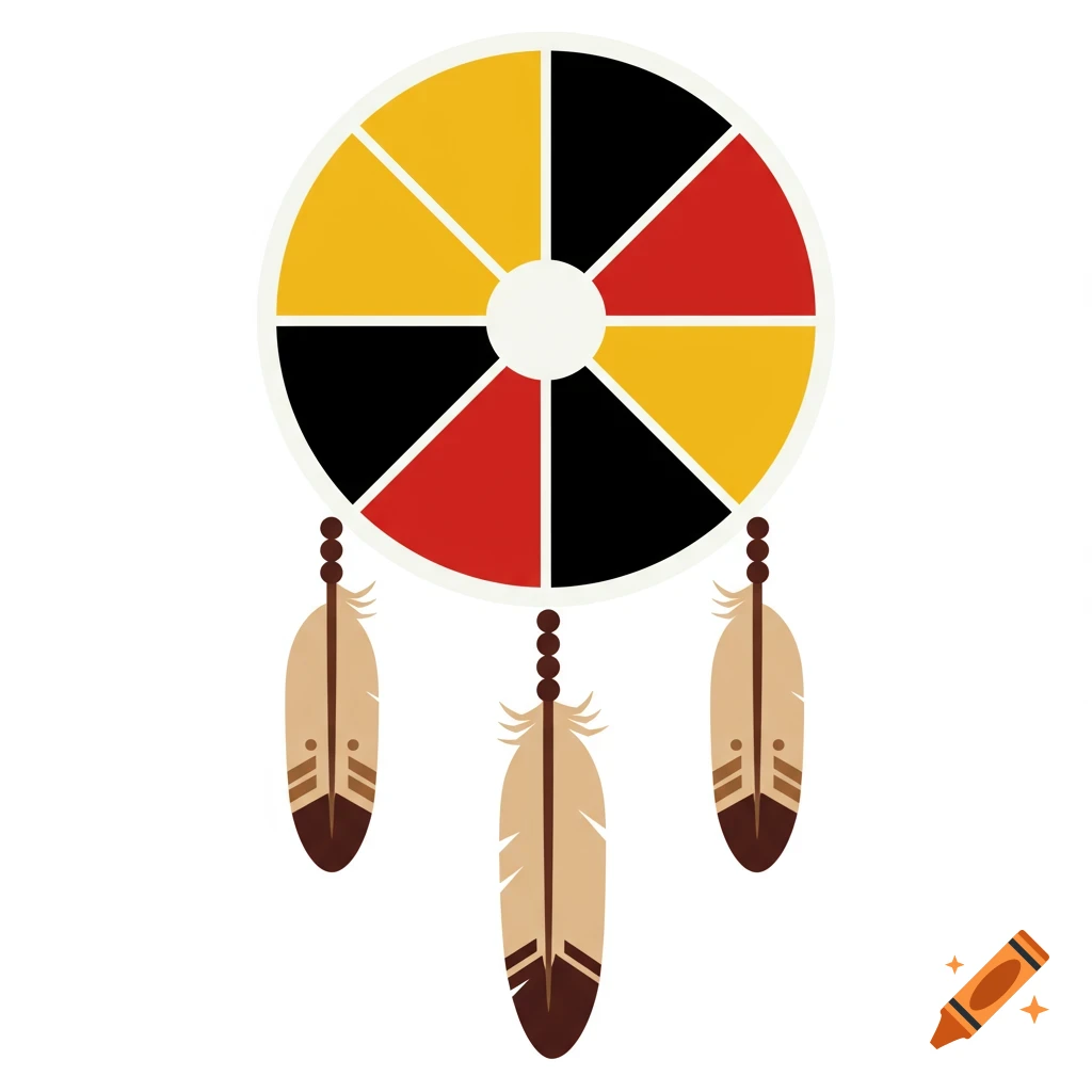 Flat illustration of an Indigenous medicine wheel with red, yellow, and black sections, and three brown feathers hanging below.