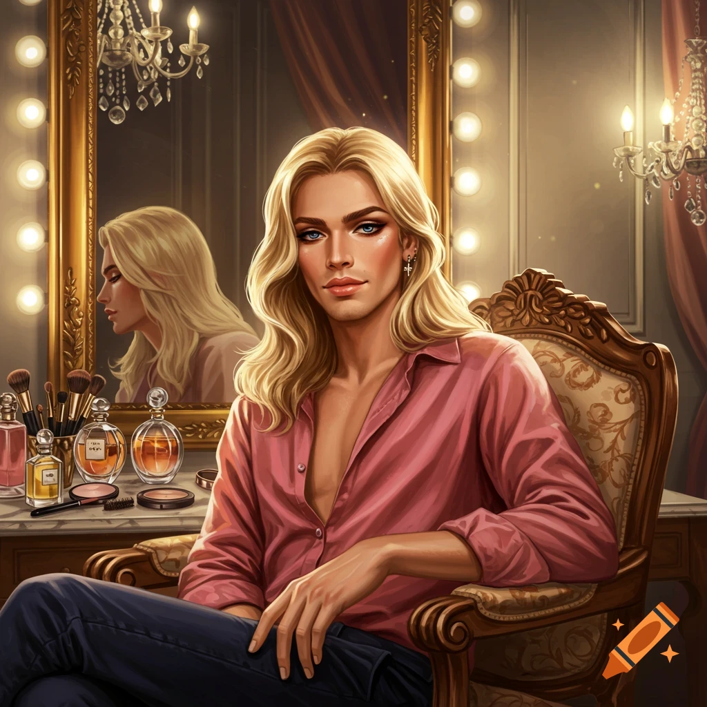 A young man with long blonde hair and makeup sits in an ornate dressing room with a mirrored vanity and bright lights, digital art.