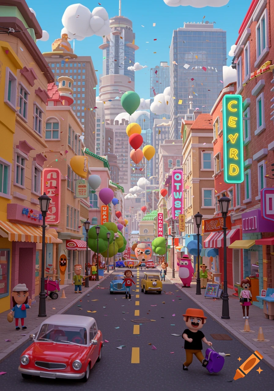 A vibrant 3D cartoon cityscape filled with colorful buildings, people, balloons, and confetti on a busy street.