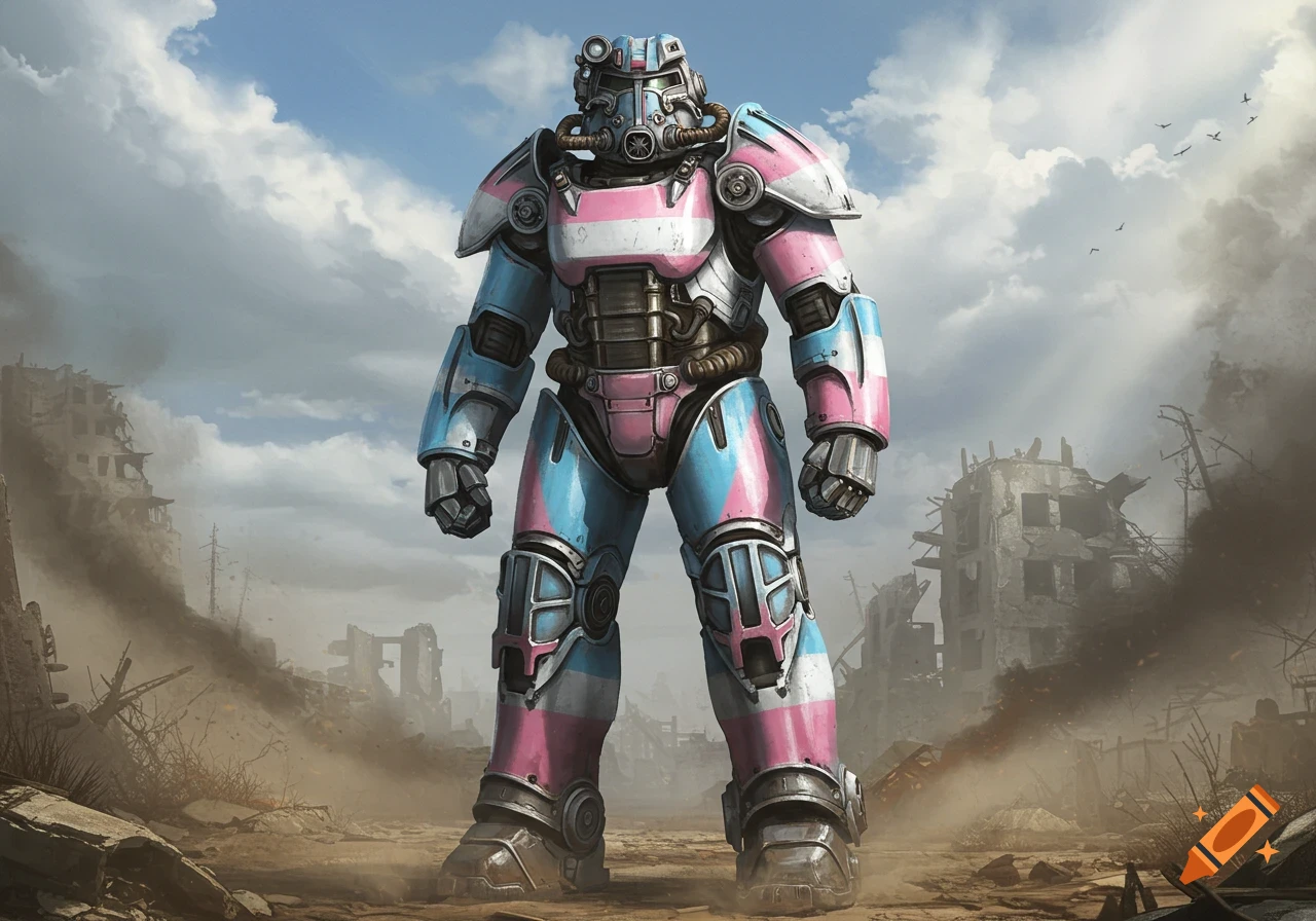 Fallout power armor in transgender flag colors stands in a ruined post-apocalyptic wasteland under a cloudy sky.