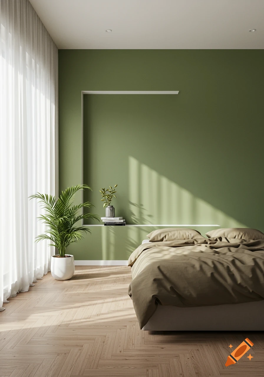 Modern bedroom with olive green walls, a bed with olive bedding, a large window with white sheer curtains, and a plant.