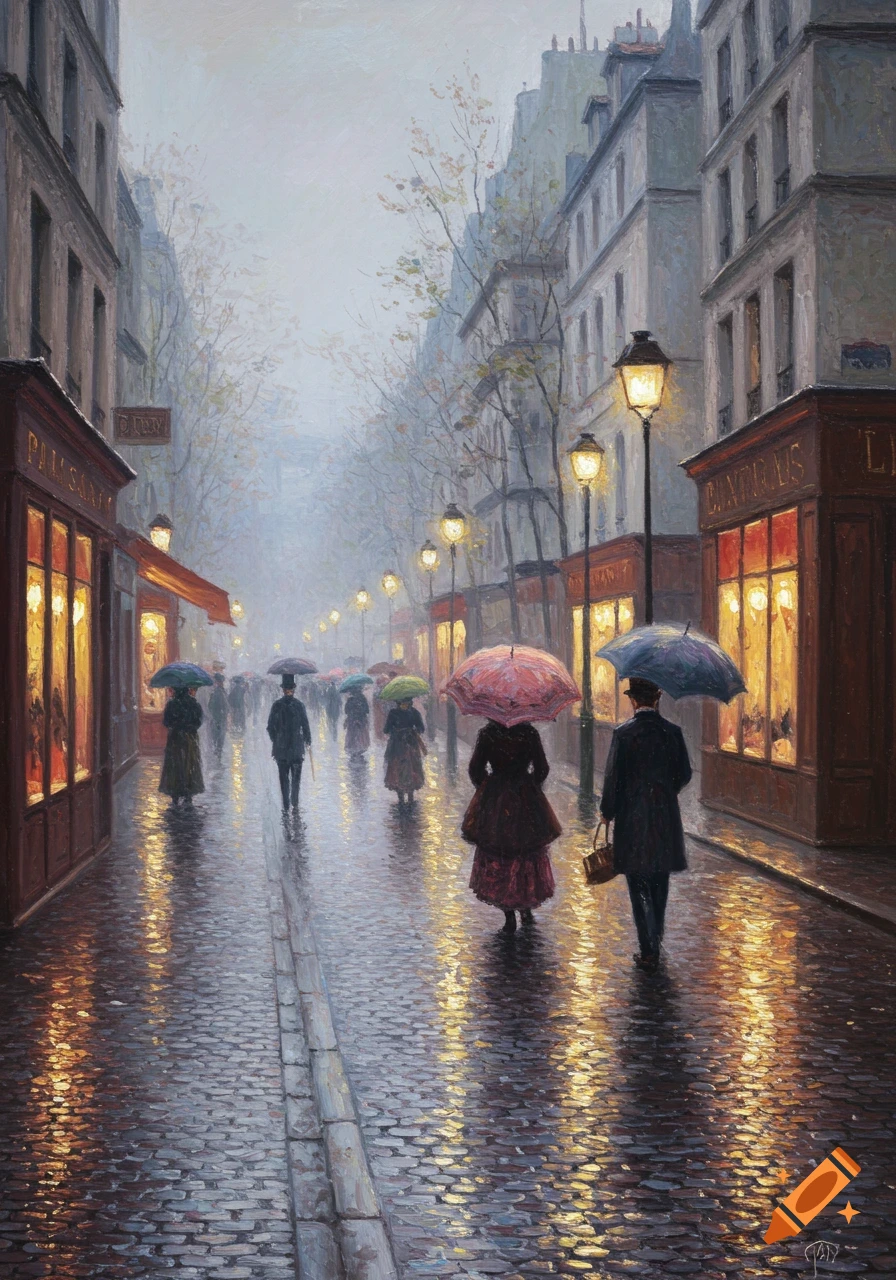 An impressionistic painting of a rainy Parisian street, with people walking under umbrellas and reflections from streetlights on wet cobblestones.