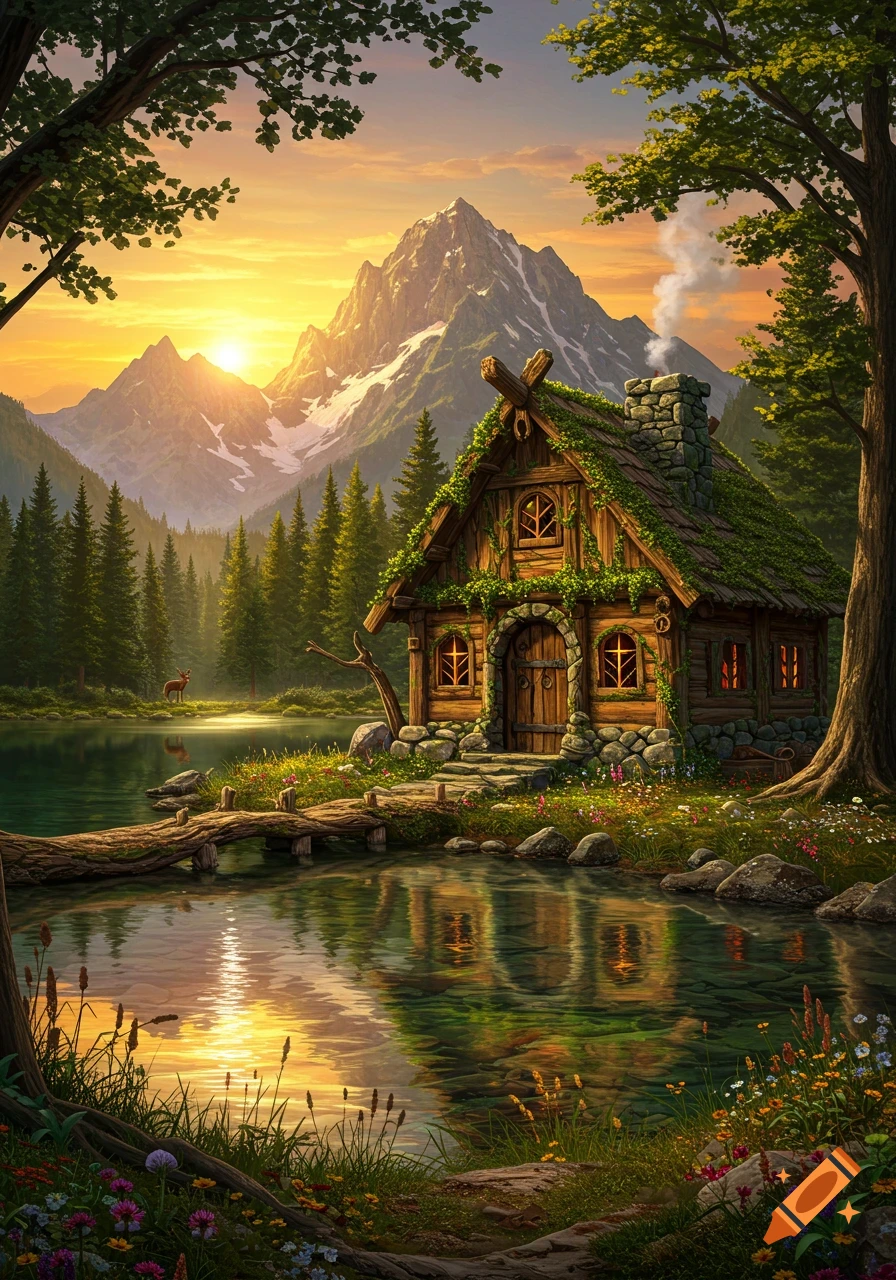 A cozy, moss-covered fantasy cabin sits by a serene lake with a wooden footbridge, surrounded by lush trees and majestic snow-capped mountains at sunset.