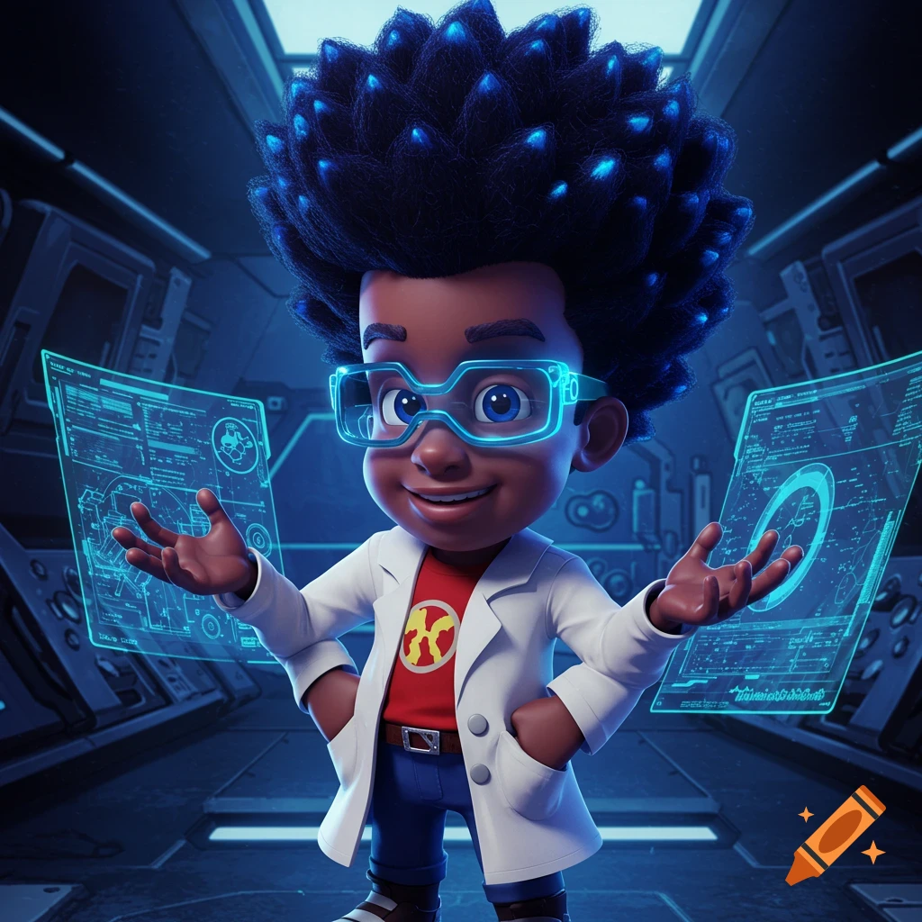 A cartoon boy with dark, glowing blue spiky hair, wearing a lab coat and glowing glasses, stands with holographic screens.