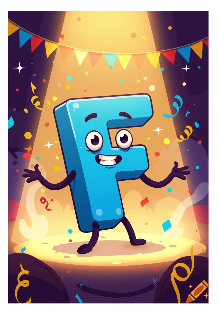 A joyful blue cartoon letter F with arms and legs, smiling, standing in a spotlight under colorful party banners and confetti.
