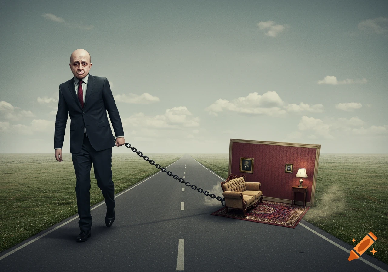 A bald man in a suit walks on a road, dragging a Victorian room with a chain, his head turned backward in a surreal landscape.