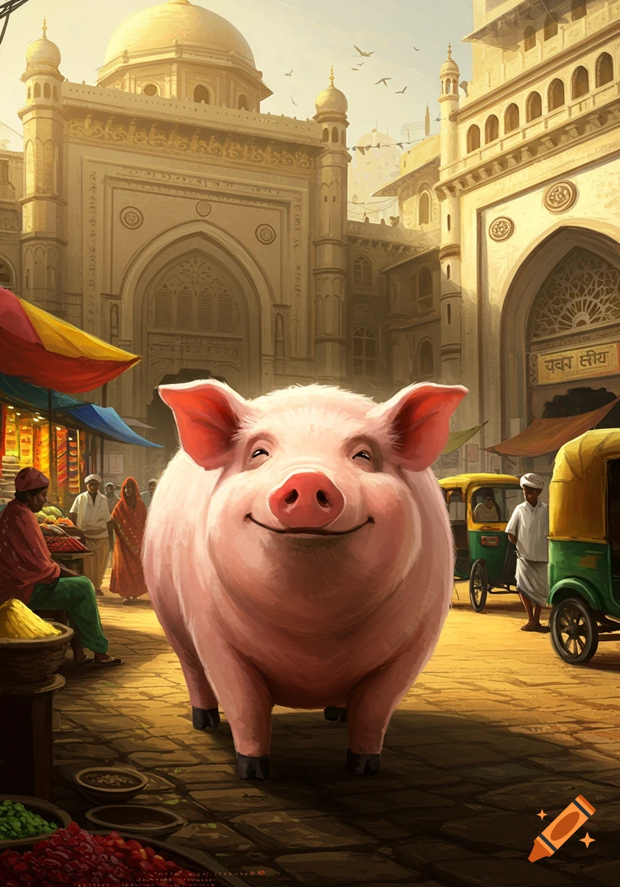 A smiling cartoon pig stands in a bustling Mumbai street market with ornate architecture.