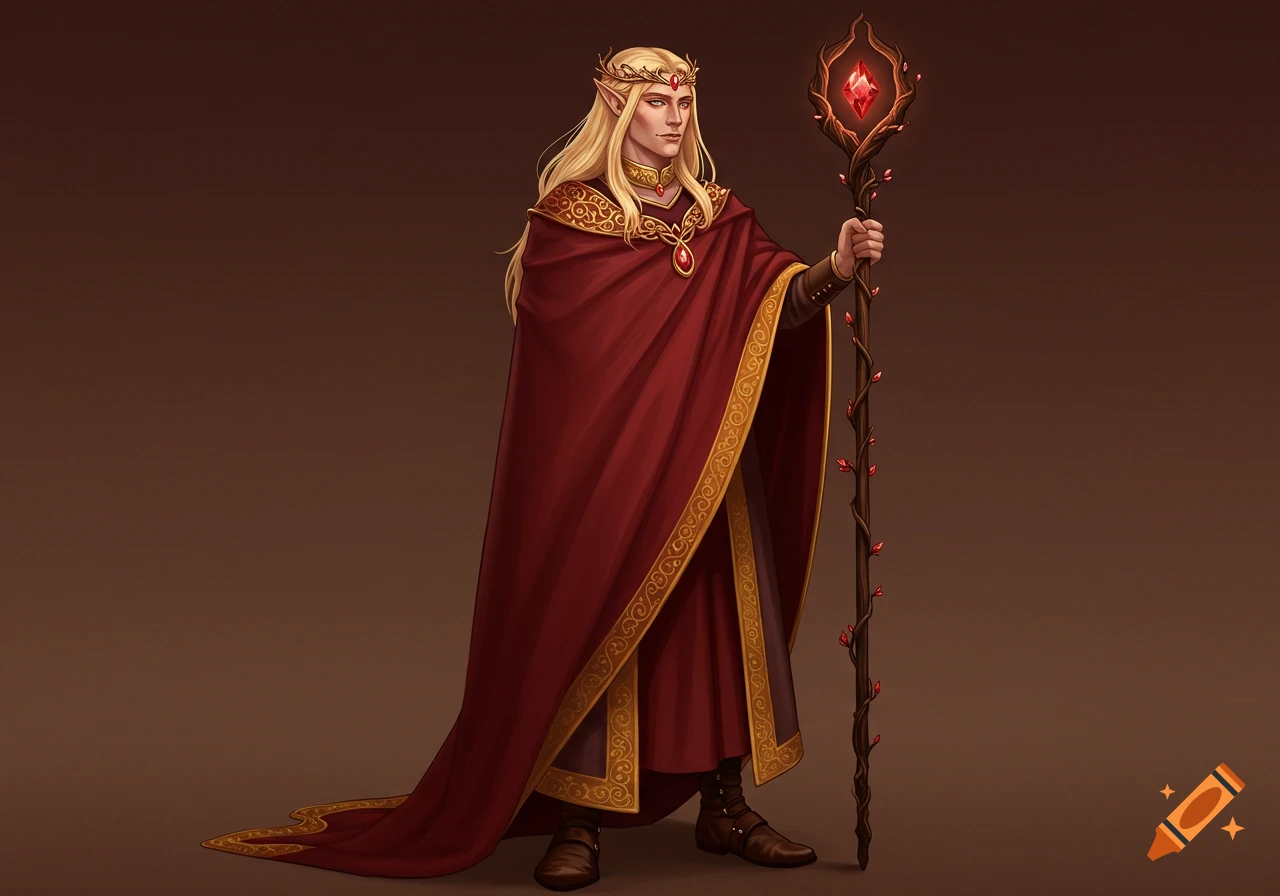An elegant male elf with long blonde hair, wearing a red robe with gold trim and a ruby crown, holding a staff with a glowing red gem.