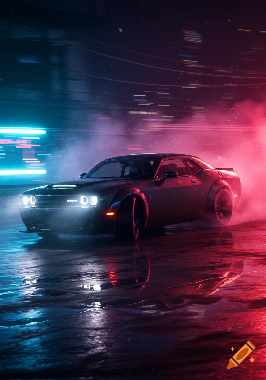 A dark muscle car, likely a Hellcat, drifts on a wet street at night, illuminated by vibrant neon blue and red lights.