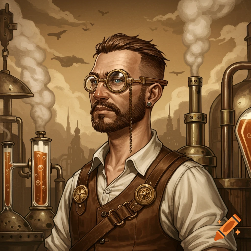 A detailed steampunk portrait of a bearded man with a monocle and goggles, surrounded by industrial equipment and smoke.