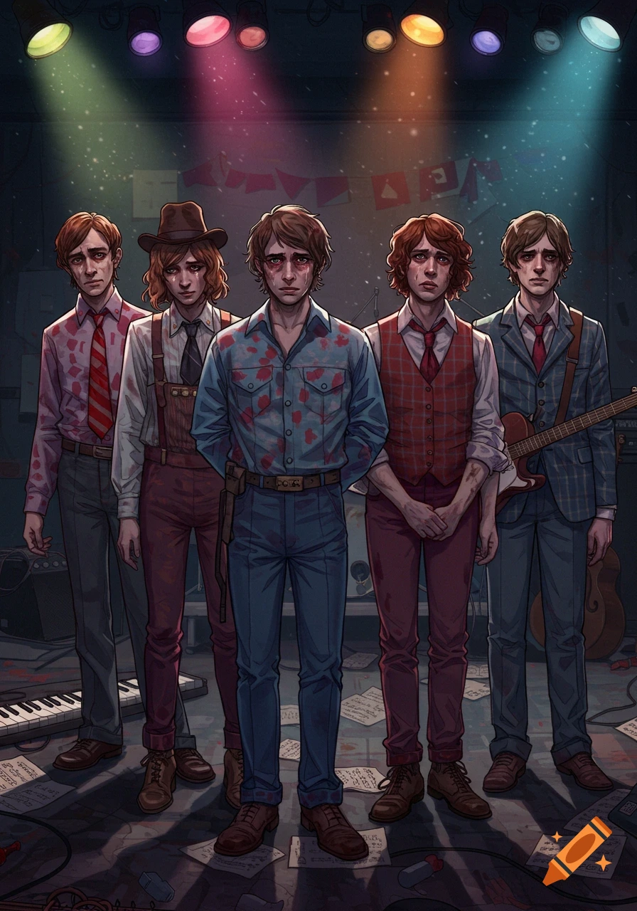 Five sad-looking men of a band stand on a messy stage under colorful lights, with blood splatters on their clothes, in a stylized illustration.