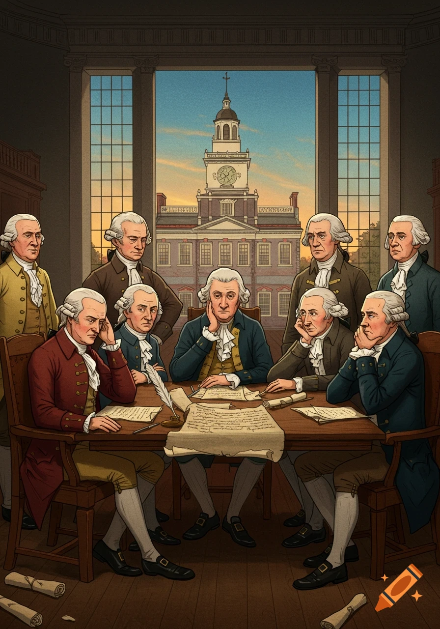 Illustration of American Founding Fathers in a meeting room, with Independence Hall visible through the window.