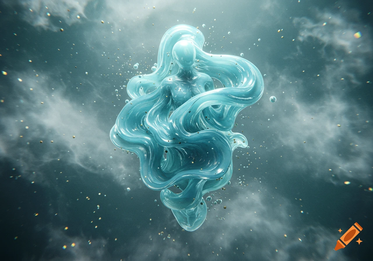 Shimmering, translucent blue-green humanoid figure made of swirling liquid in a cloudy, ethereal background with sparkling particles.
