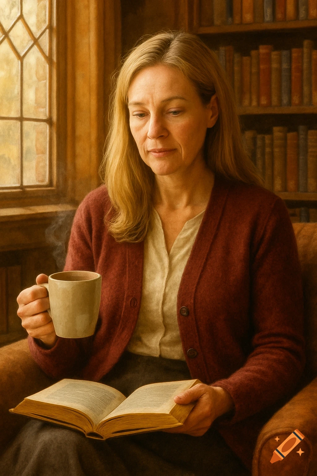 A woman with blonde hair in a red cardigan sips coffee and reads a book by a window, bookshelves in the background.