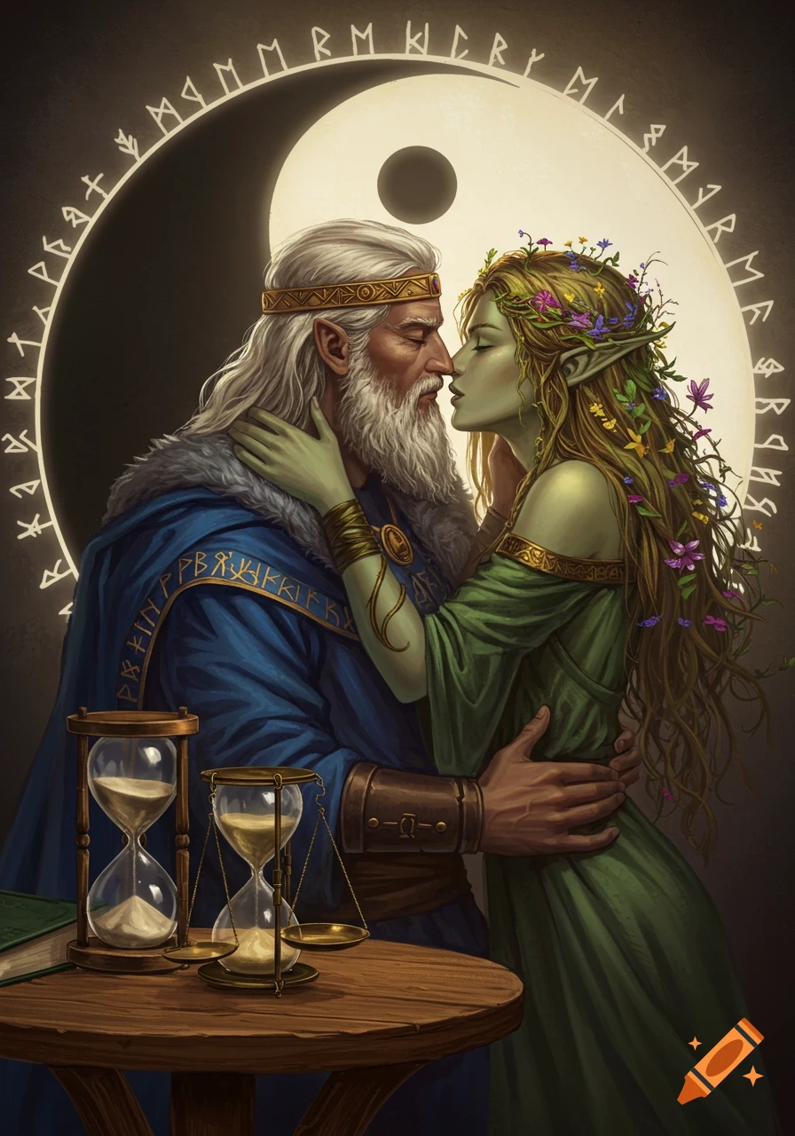 Digital art of a white-haired man and green-skinned elven woman embracing before a glowing Yin Yang symbol, with hourglasses on a table.