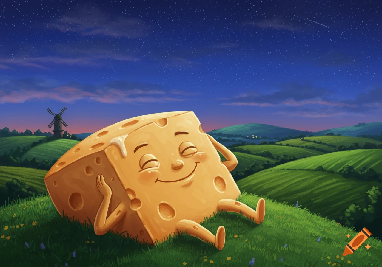 A happy cartoon cheese wedge with a face, arms, and legs relaxes on a grassy hill at night under a starry sky, with a windmill in the distance.