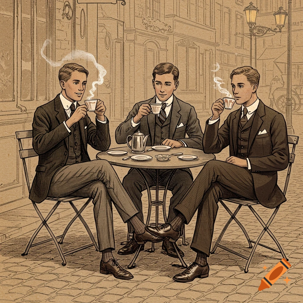 Vintage illustration of three well-dressed men enjoying coffee at an outdoor cafe, with buildings in the background.