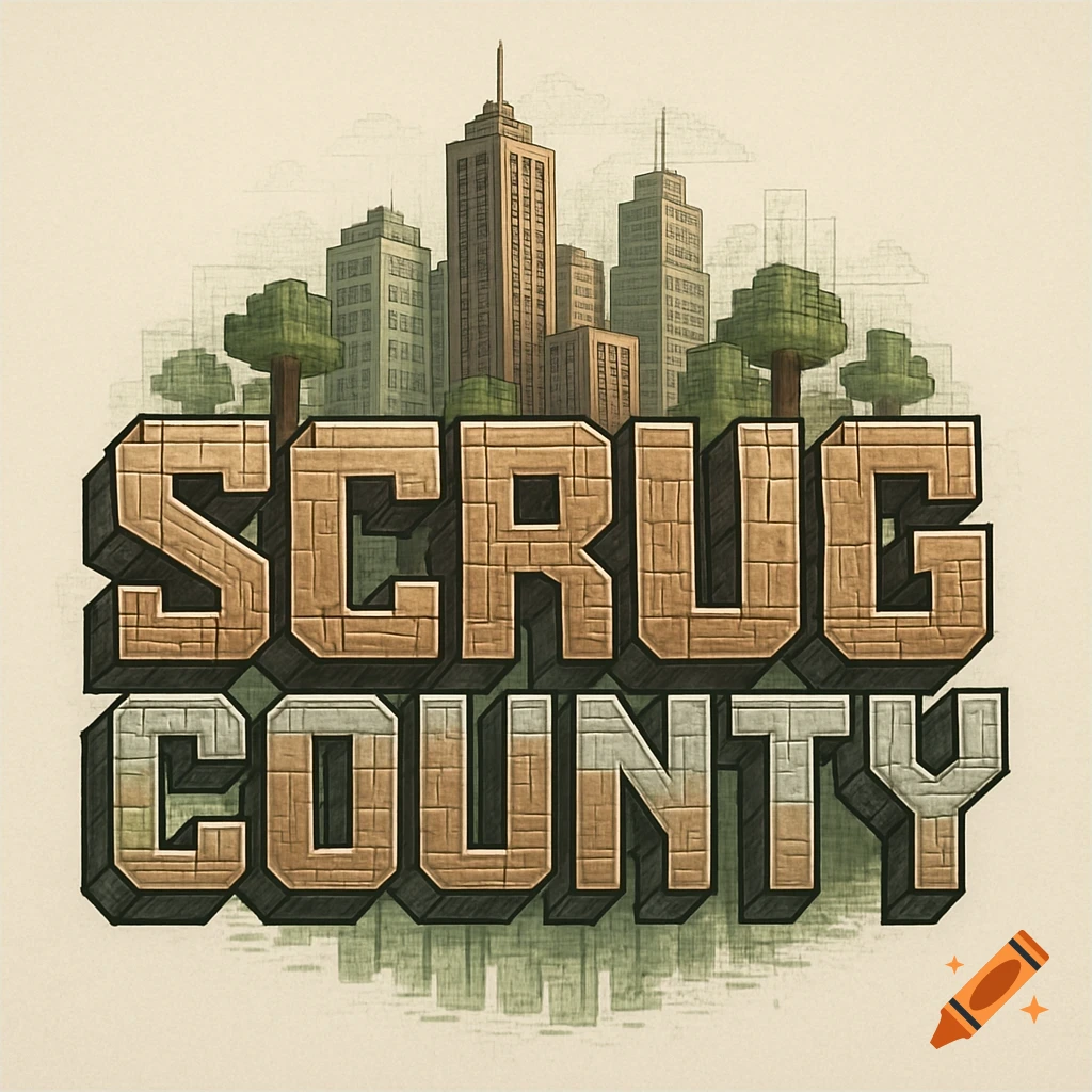 Minecraft-style logo for Scrug County with a cityscape and blocky trees.