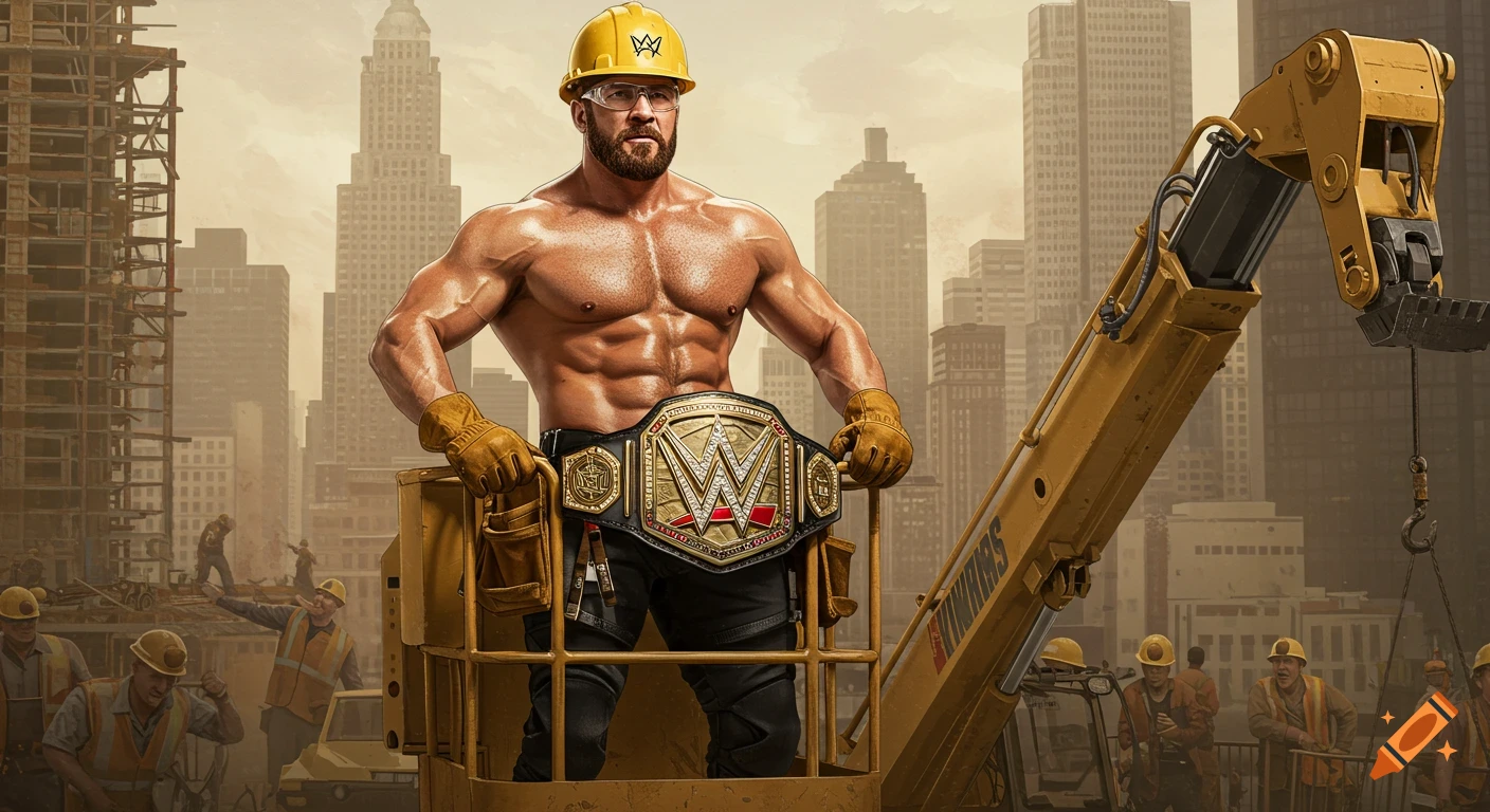 Muscular wrestler with championship belt and hard hat in a boom lift at a city construction site, realistic style.