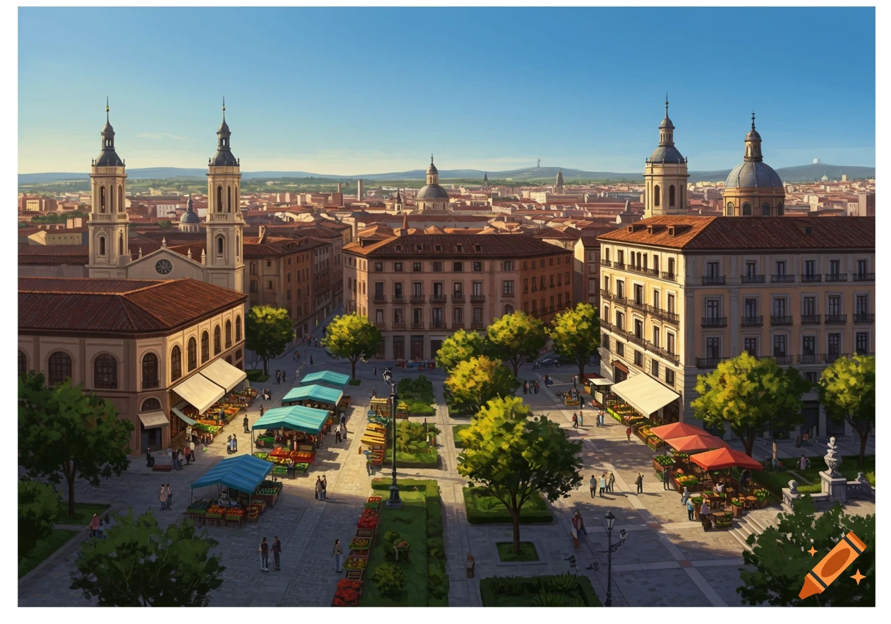 An illustrative aerial view of a European city square with a bustling market, historic buildings, and green trees under a clear blue sky.