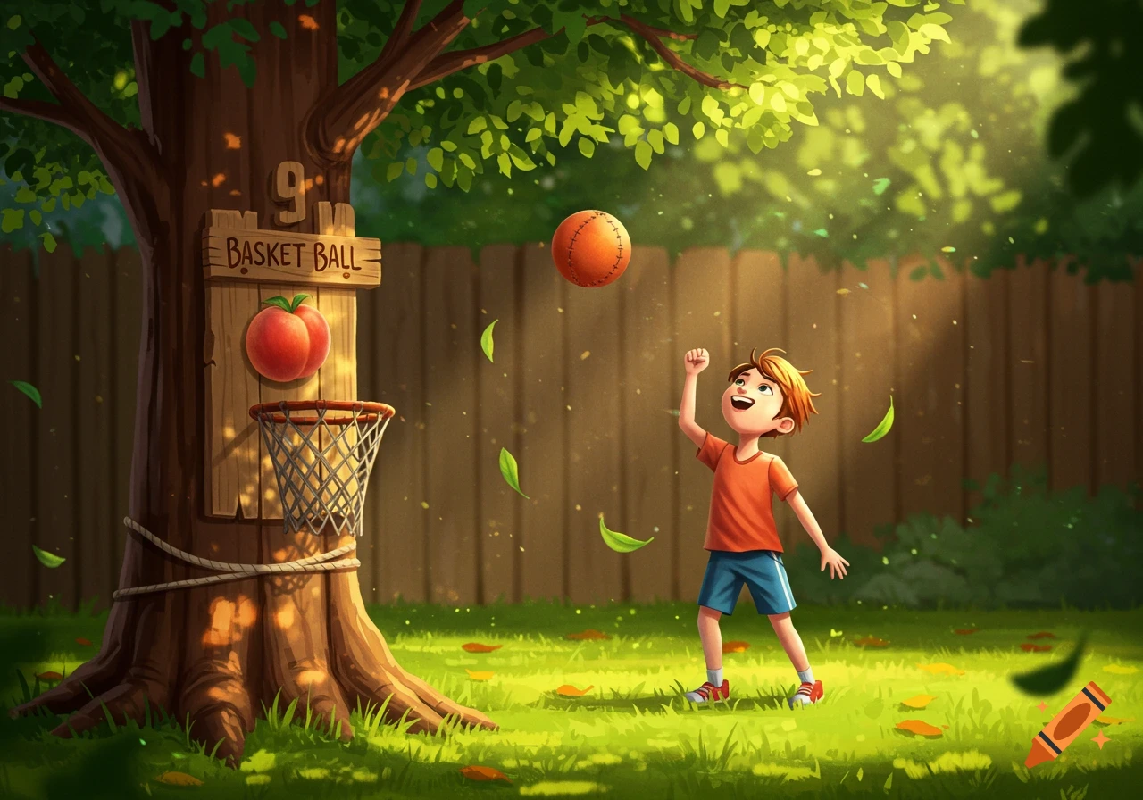 A cartoon boy throws a ball towards a basketball hoop attached to a tree in a sunny backyard.