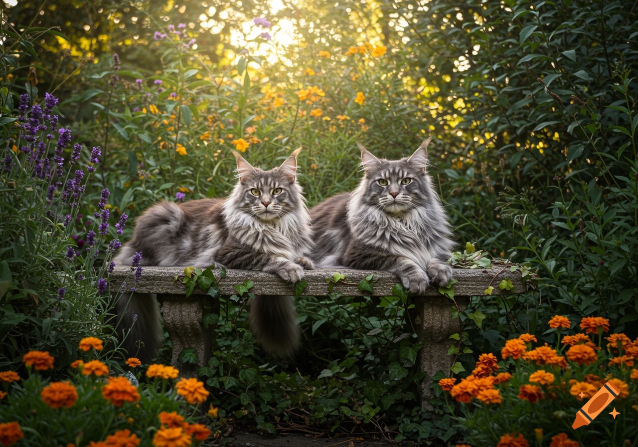 Two fluffy Maine Coon cats with long fur sit on a stone bench in a vibrant, sunlit garden surrounded by flowers.