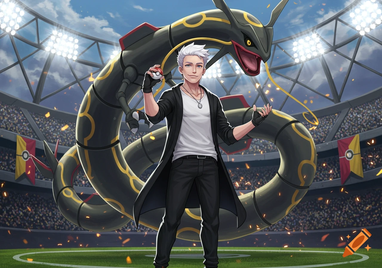 White-haired male Pok orated by:mon trainer with a Pok mon Ball and a black Rayquaza in a stadium, anime style.
