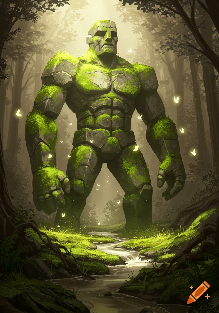 A giant moss-covered stone golem stands in a lush forest with a stream, surrounded by glowing butterflies.