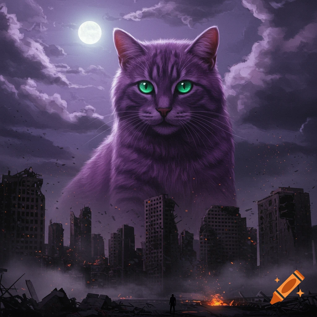 A giant purple cat with glowing green eyes overlooks a destroyed city with fires and a full moon in a dramatic illustration.