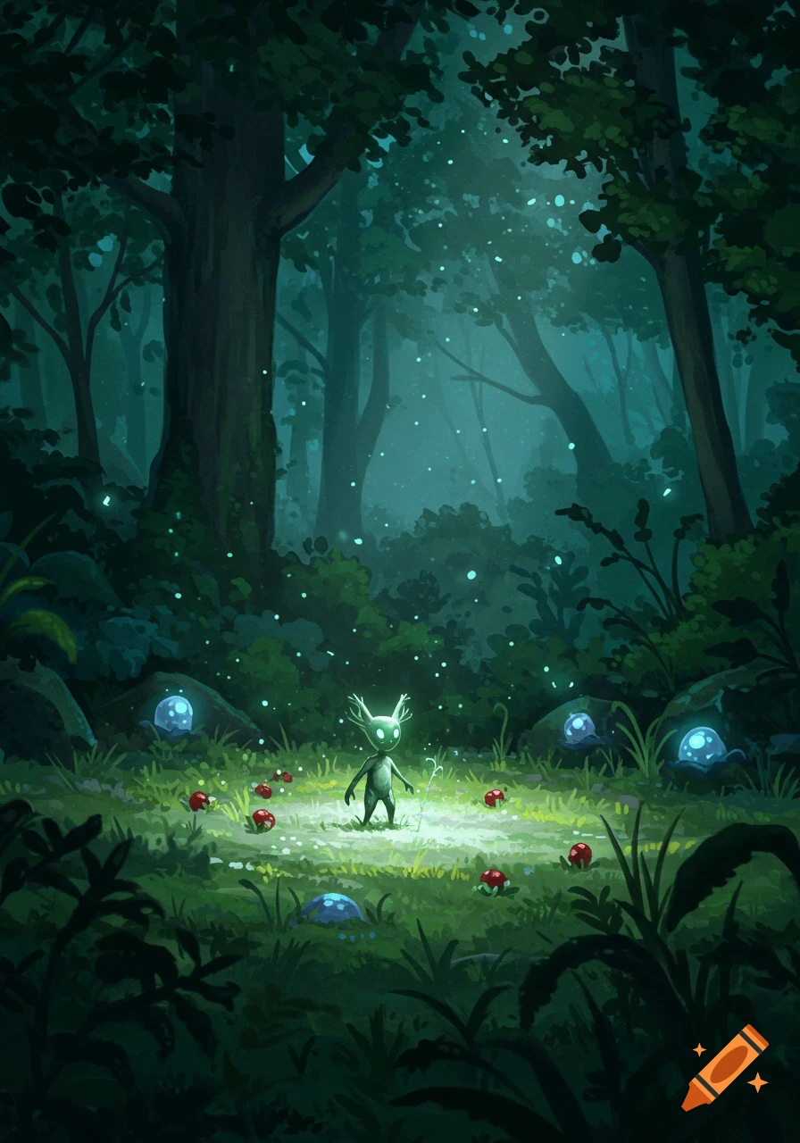 A small, antlered creature with glowing eyes stands in a dark, magical forest clearing illuminated by glowing mushrooms and lights.