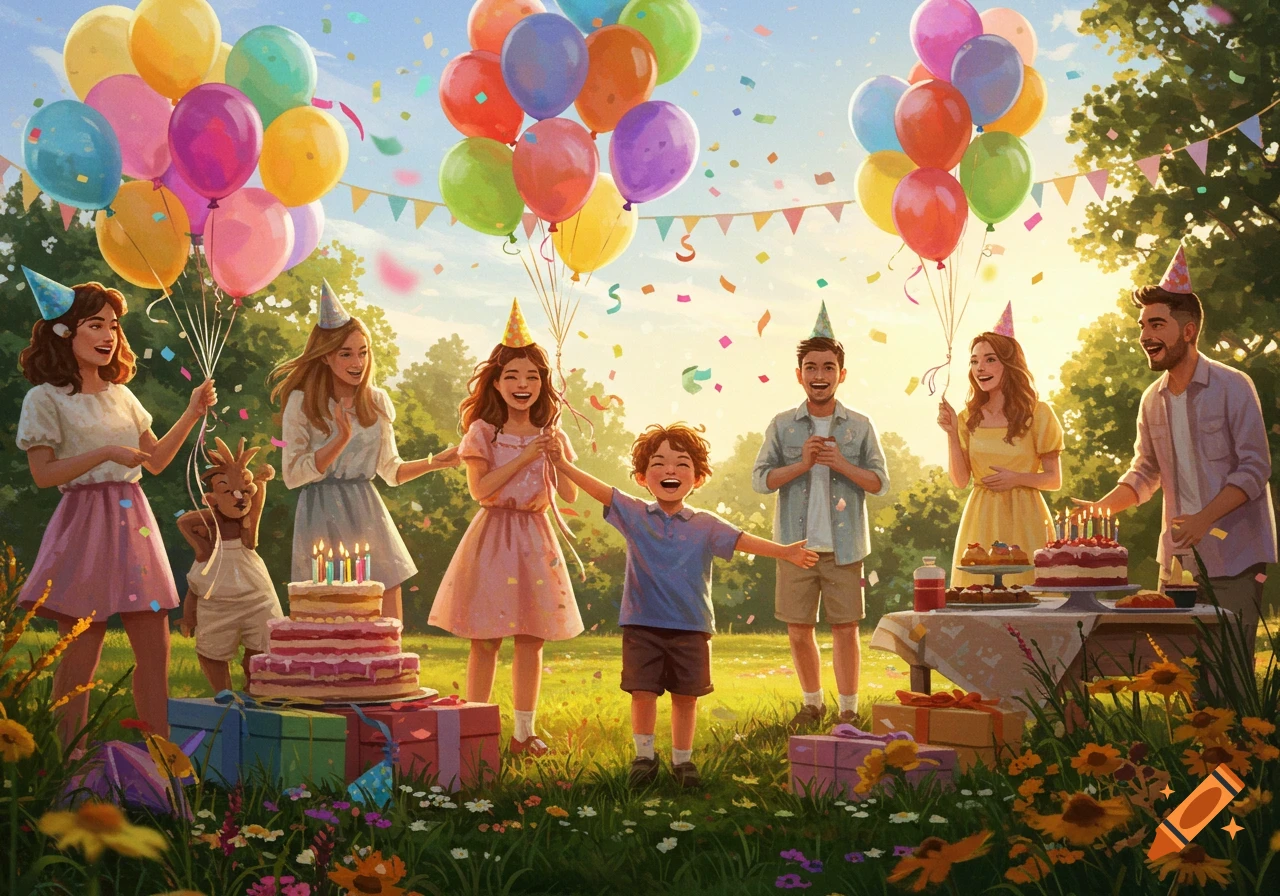 A vibrant illustration of a family and friends celebrating a birthday party outdoors with balloons, cakes, and confetti.