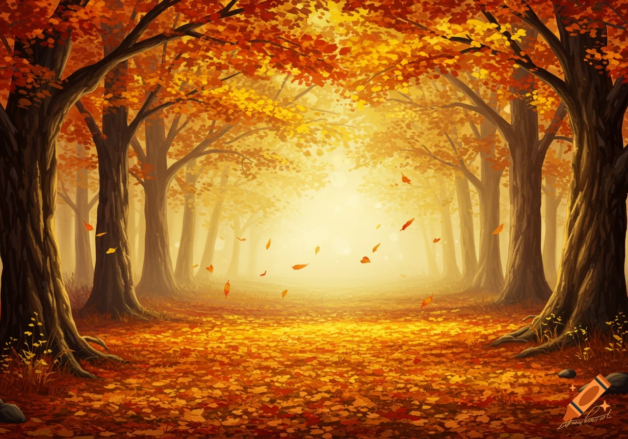 An illustrative painting of an autumn forest path with vibrant golden and orange leaves on the ground and falling from misty trees.