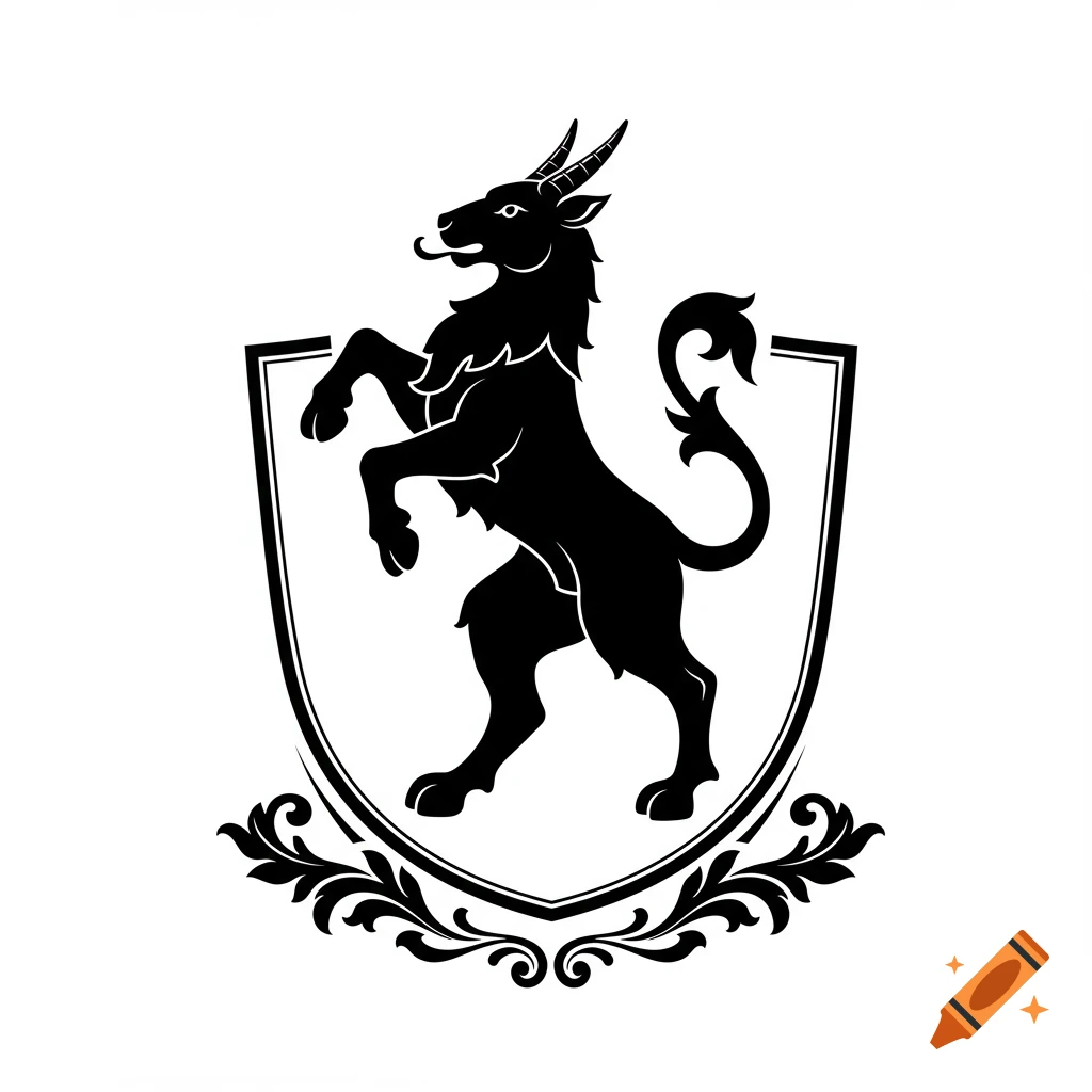 Black silhouette of a rearing horned animal within a shield design with decorative flourishes.
