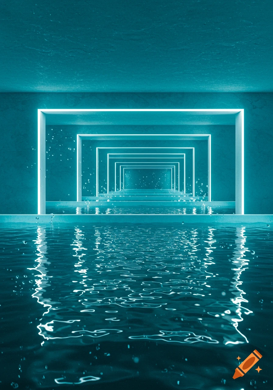 A long, teal-colored architectural hallway with glowing white rectangular frames receding into the distance, reflecting in a series of pools with splashing water.