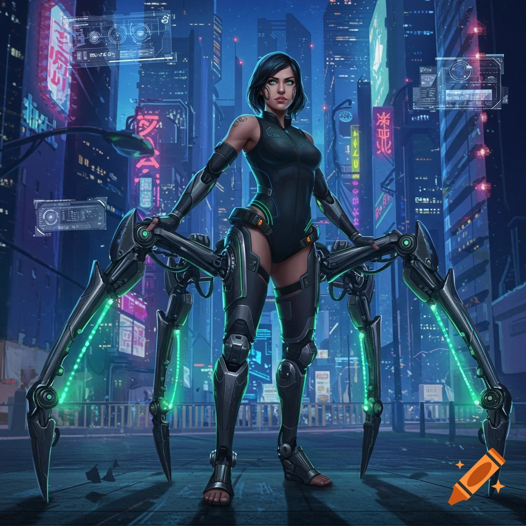 A woman with mechanical spider legs stands on a cyberpunk city street at night, illuminated by neon lights, in a digital art style.