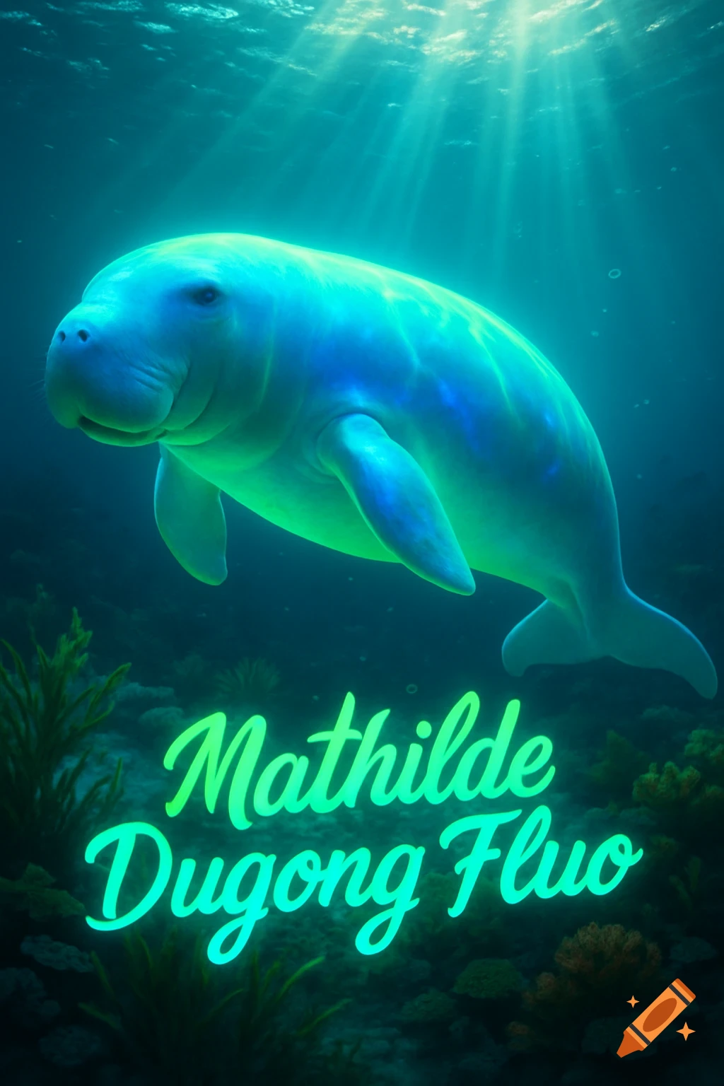 A glowing blue and green dugong swims in a dark blue ocean with sun rays from above. "Mathilde Dugong Fluo" is written in glowing green text below.