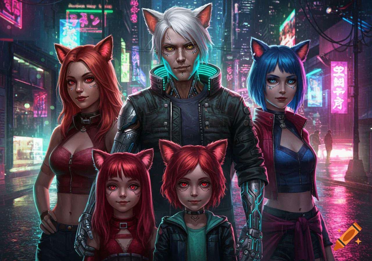 A cyberpunk family with cat ears and cybernetic elements stands on a rainy street illuminated by neon signs, anime style.