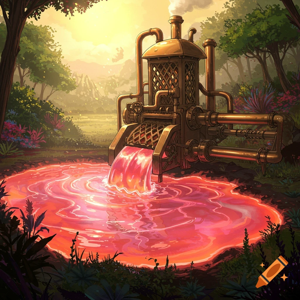 An illustrative steampunk machine in a lush forest pours glowing pink jelly into a pool at sunset.