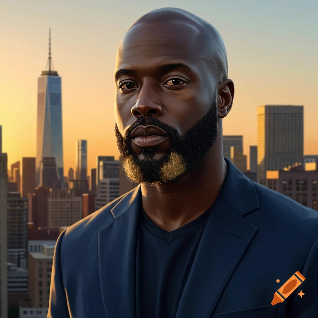Photorealistic portrait of a bald Black man with a black beard featuring a blonde strip, set against a city skyline at sunset.