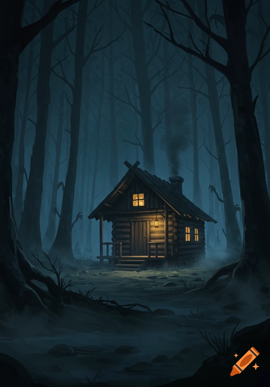 A creepy log cabin with lit windows sits in a dark, foggy forest with eerie, bare trees at night, digital art.