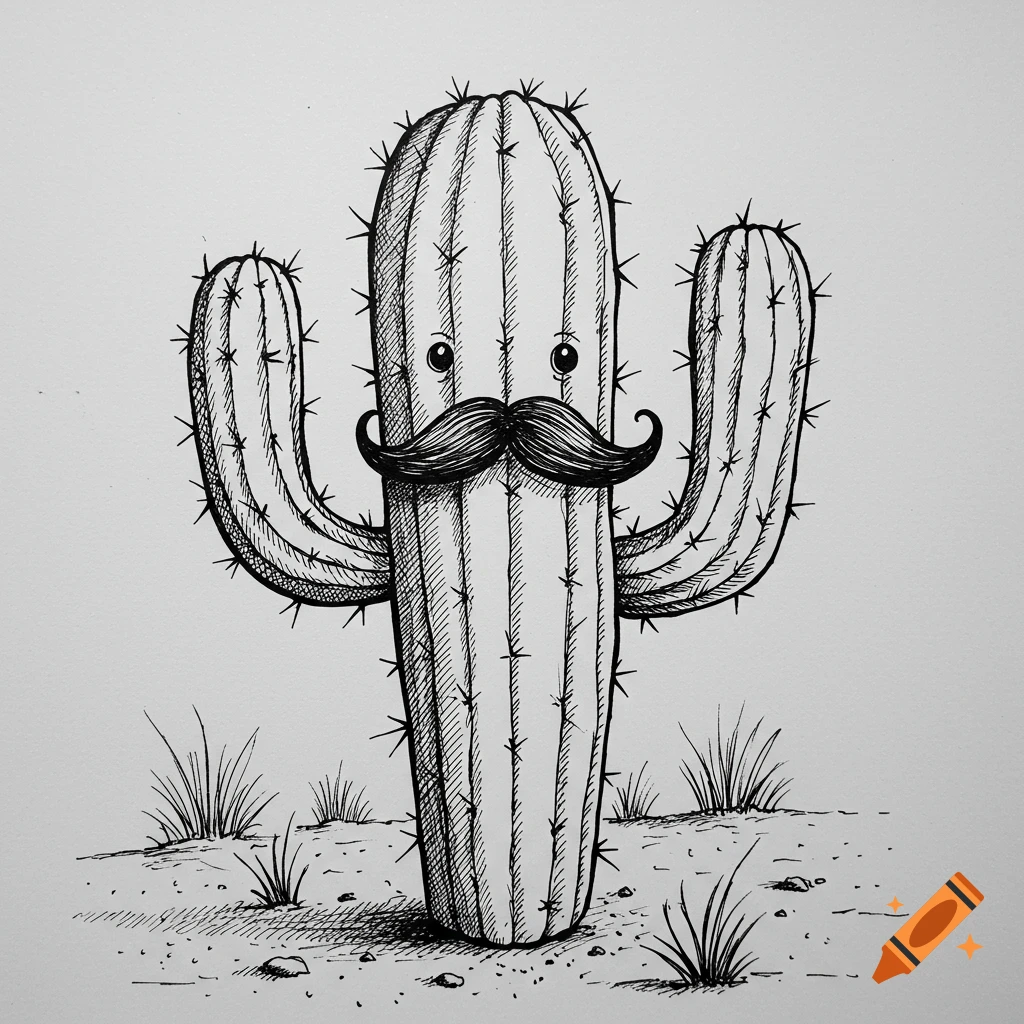Pen and ink drawing of a cartoon cactus with a mustache, standing in a desert.