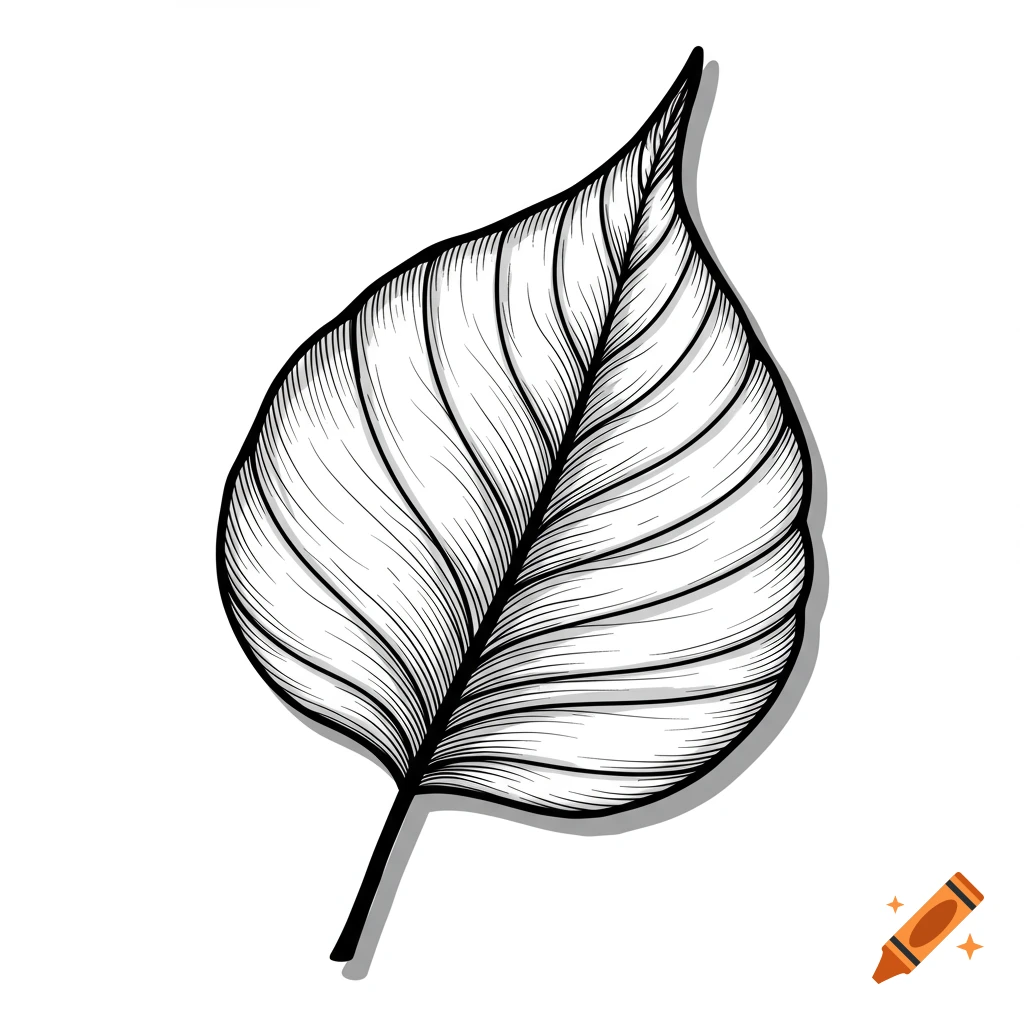 Black and white line art illustration of a leaf with detailed veins and a subtle shadow.