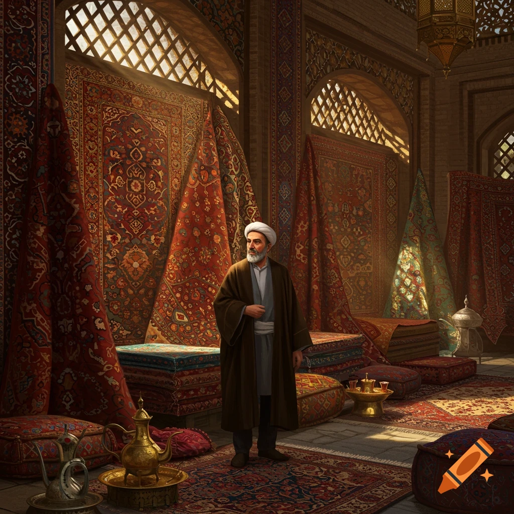 A shopkeeper stands in an ornate Iranian carpet market, surrounded by stacks and draped textiles under warm light.